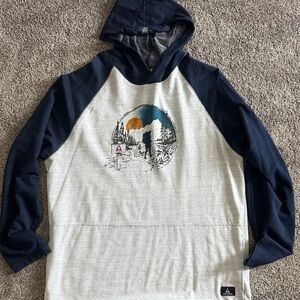 Ascend Men’s Navy and Heather Gray Hooded Raglan Pullover with Outdoor Graphic